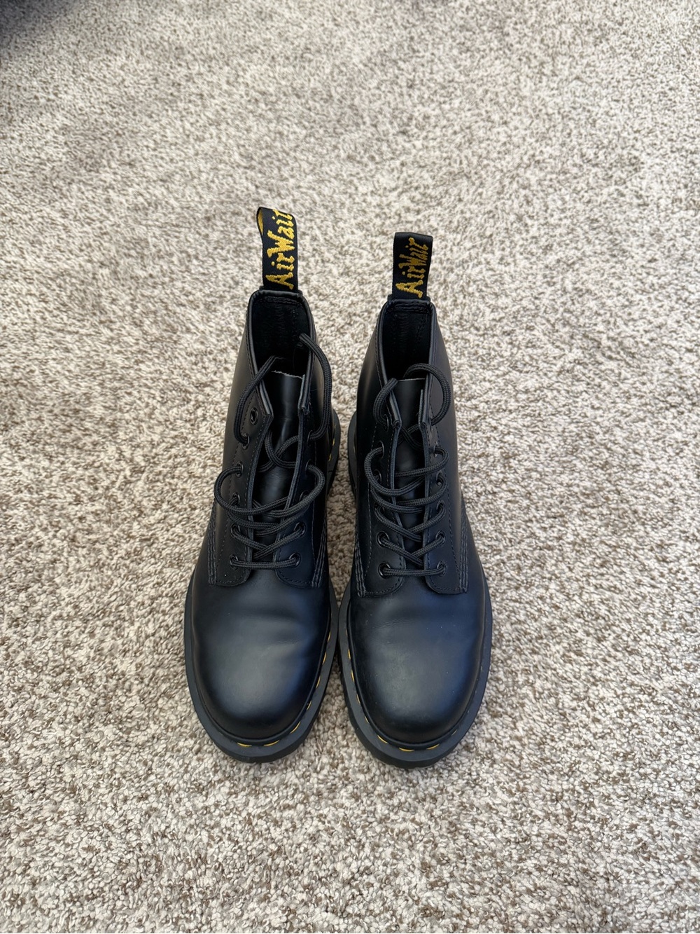 Dr. Martens Black Leather 6-Eye Lace-Up Boots with Yellow Stitching